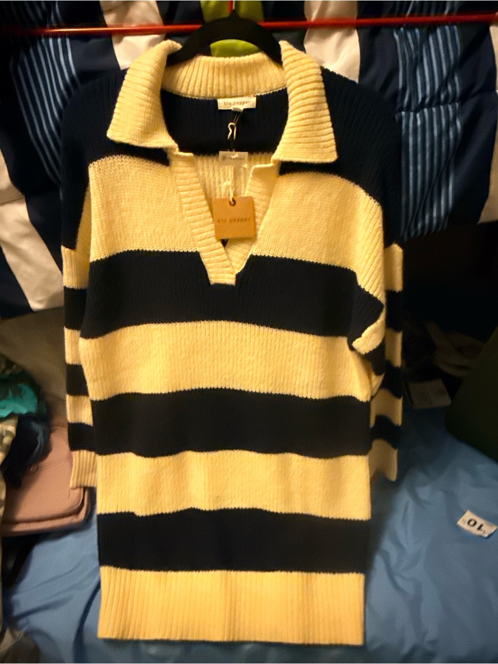 NET! Striped Rugby Polo Sweater Dress- black and white from Versona